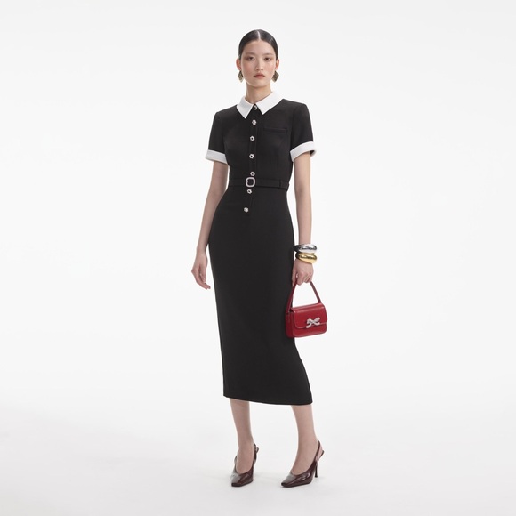 Self-Portrait Black Crepe Contrast Midi Dress size 4 US new without tags